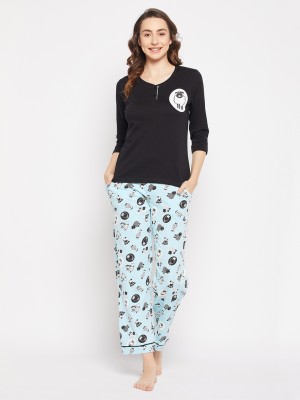 Clovia Women Geometric Print Black Top & Pyjama Set