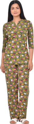 Digsel Cool Cotton Women Printed Dark Green Top & Pyjama Set