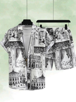 SEVENTEENSTITCH Men Printed White, Black Top & Shorts Set