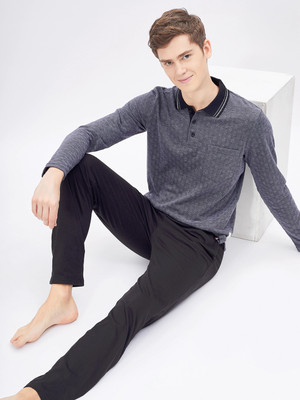 SWEET DREAMS Men Geometric Print Black Top & Pyjama Set