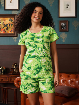 Clovia Women Printed Green Top & Shorts Set
