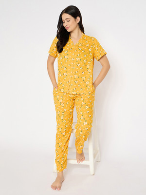 Clovia Women Floral Print Yellow Top & Pyjama Set