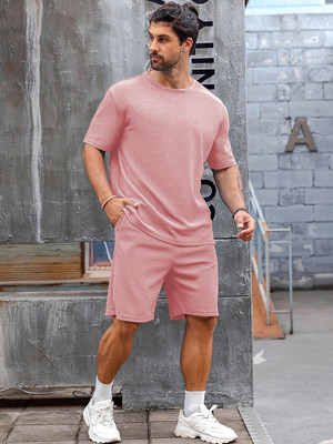 Vogaan Men Solid Pink Top & Shorts Set