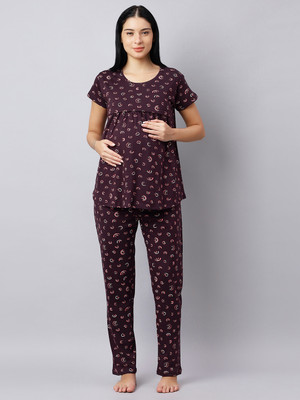 DZZO Women Printed Maroon Top & Pyjama Set