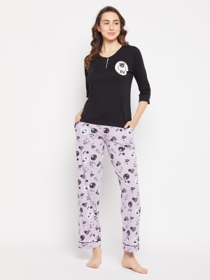 Clovia Women Geometric Print Black Top & Pyjama Set