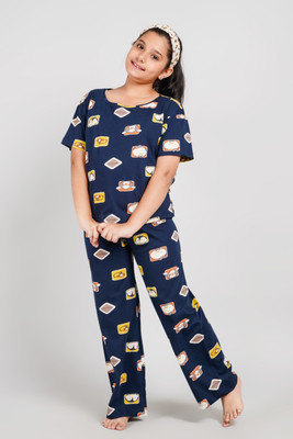 Bloem Girls Self Design Dark Blue Top & Pyjama Set