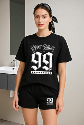 Elvia Women Printed Black Top & Shorts Set