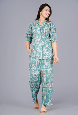MintMarie Women Geometric Print Green Night Suit Set