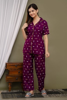 PINGALA Women Printed Purple Shirt & Pyjama set