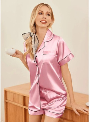 Vd hub Women Solid Pink Night Suit Set