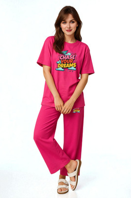 Elvia Women Printed Red Top & Pyjama Set