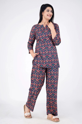 MintMarie Women Printed Dark Blue Night Suit Set