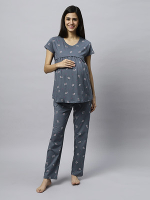 DZZO Women Printed Grey Top & Pyjama Set