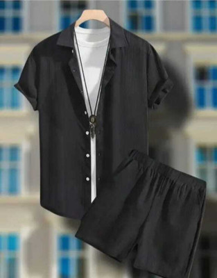 SADBHAVNAFABRIC Men Solid Black Night Suit Set