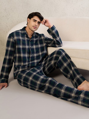 SWEET DREAMS Men Checkered Dark Blue Top & Pyjama Set
