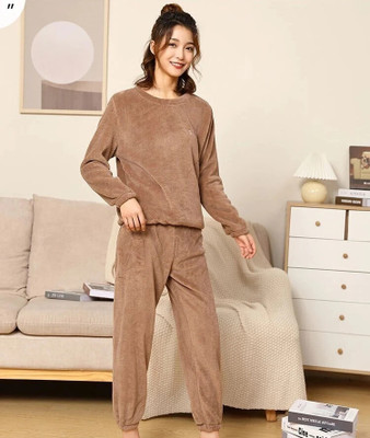 FitIn OutFit Women Solid Brown Night Suit Set