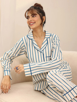 LIBAS Women Striped White Night Suit Set