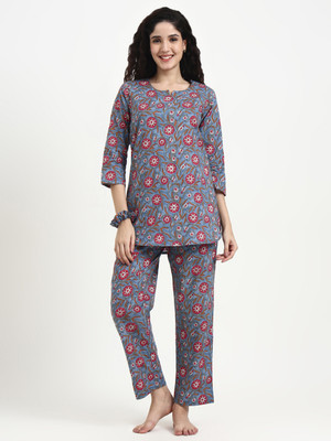 Lime Diva Women Floral Print Blue Top & Pyjama Set