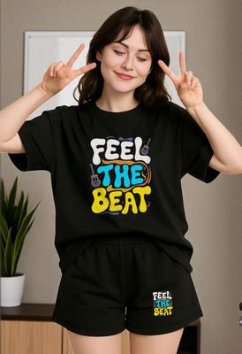 Elvia Women Printed Black Top & Shorts Set