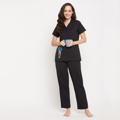 Clovia Women Solid Black Shirt & Pyjama set