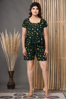 Shedika Women Printed Green Top & Shorts Set