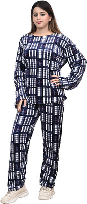 YGDEAL Women Checkered Dark Blue Night Suit Set
