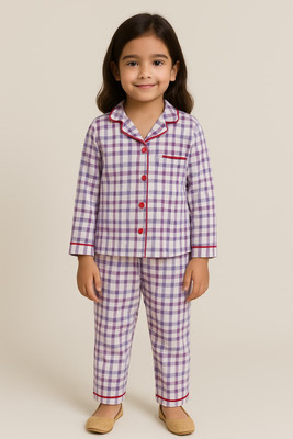 SHIRTSLOGY Boys & Girls Checkered Purple, White Night Suit Set