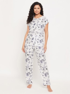 Clovia Women Floral Print White Top & Pyjama Set