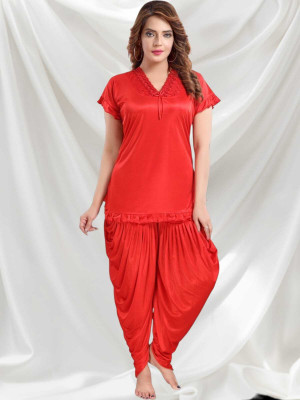 HouseOfCommon Women Solid Red Night Suit Set