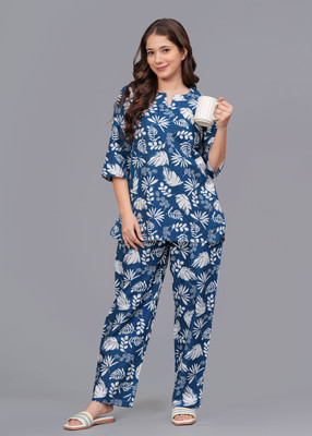 MAHRUCHI TEXTILE Women Printed Blue Top & Pyjama Set