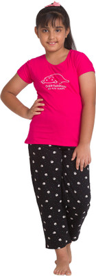 AV2 Girls Printed Pink, Black Top & Pyjama Set