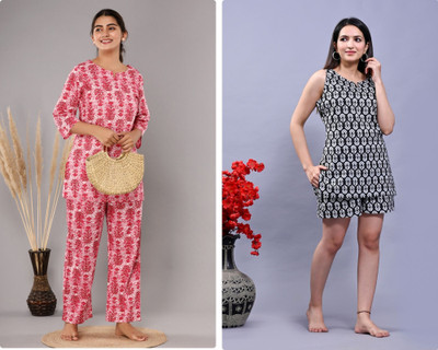 hustle bustle Women Printed Red Top & Pyjama Set