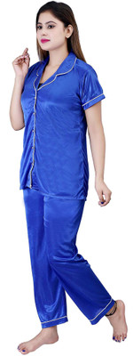 Ansh Collection Women Solid Blue Night Suit Set