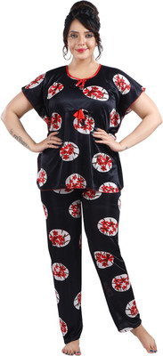 Fabme Women Printed Black Night Suit Set