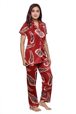 Fashion Craft Women Printed Maroon Shirt & Pyjama set