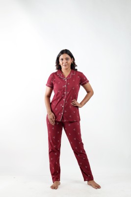 F65 Women Printed Maroon Night Suit Set