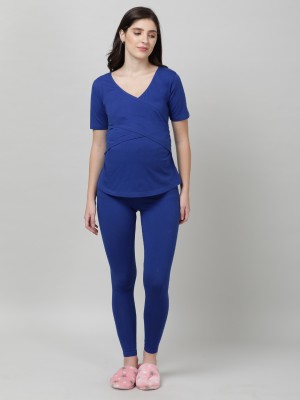 Mackly Women Solid Dark Blue Top & Pyjama Set