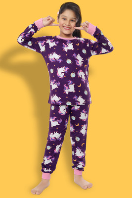 Ninos Dreams Girls Printed Purple Top & Pyjama Set