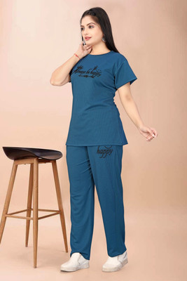 SAI FAB Women Printed, Self Design Blue Night Suit Set