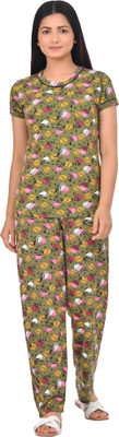 Digsel Cool Cotton Women Printed Green Top & Pyjama Set