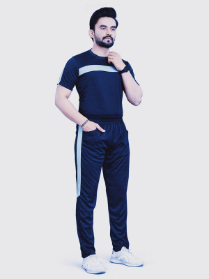 NISPRUH Men Solid Blue Night Suit Set