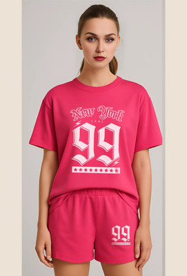 Elvia Women Printed Red Top & Shorts Set