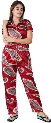 NACNO Women Printed Maroon Shirt & Pyjama set