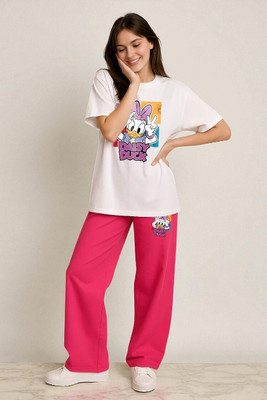 Elvia Women Printed Pink, White Top & Pyjama Set