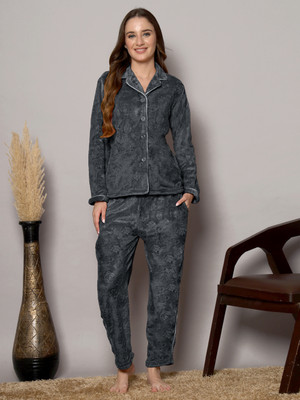 Fabinaliv Women Geometric Print Grey Night Suit Set