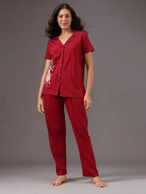 Clovia Women Graphic Print Maroon Top & Pyjama Set
