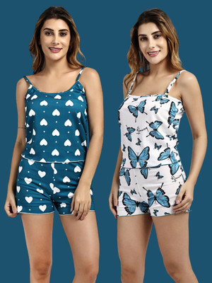 clothus Women Printed Blue Top & Shorts Set