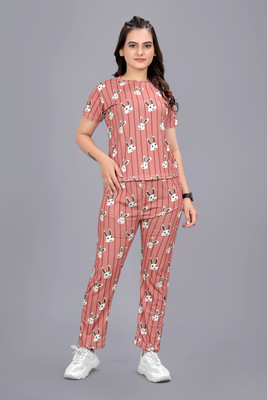 DreamBe Women Printed Brown Top & Pyjama Set