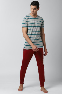 PETER ENGLAND Men Striped Grey Top & Pyjama Set