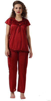 MARDIA Women Solid Maroon Top & Pyjama Set